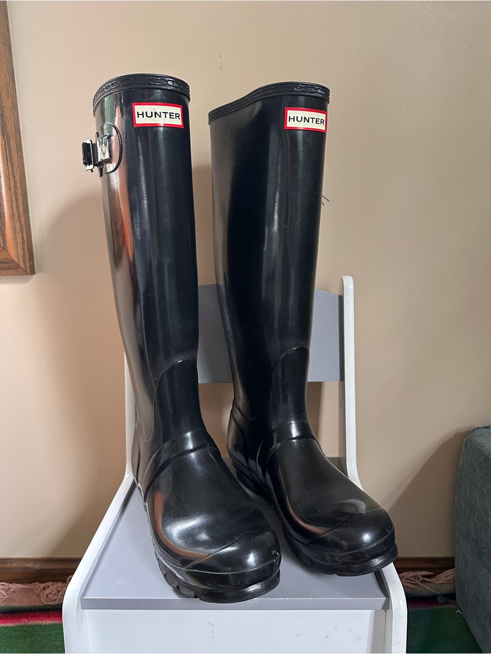 Hunter Black Gloss Knee-High Rain Boots with Buckle Size 8